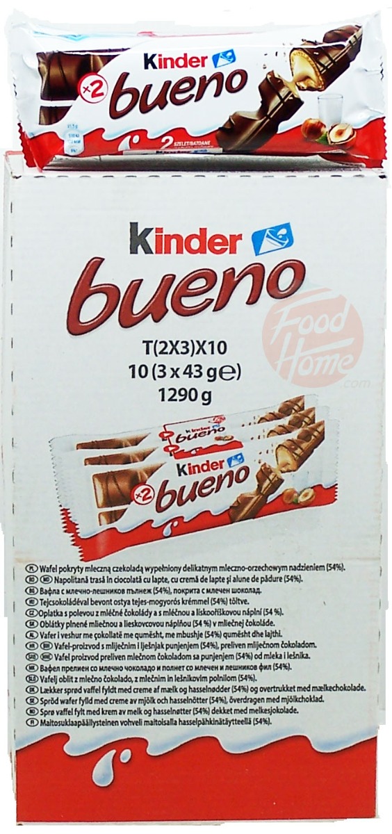 Kinder bueno chocolate covered wafer with hazelnut filling, 3 x 43-gram bars in wrappers in display box (case of 10)